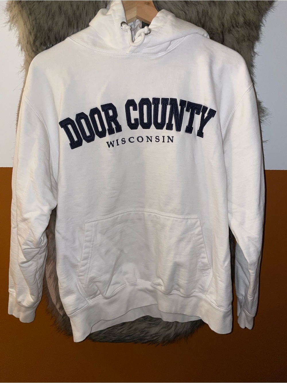 Door County Wisconsin White Hoodie with Navy Appliqué